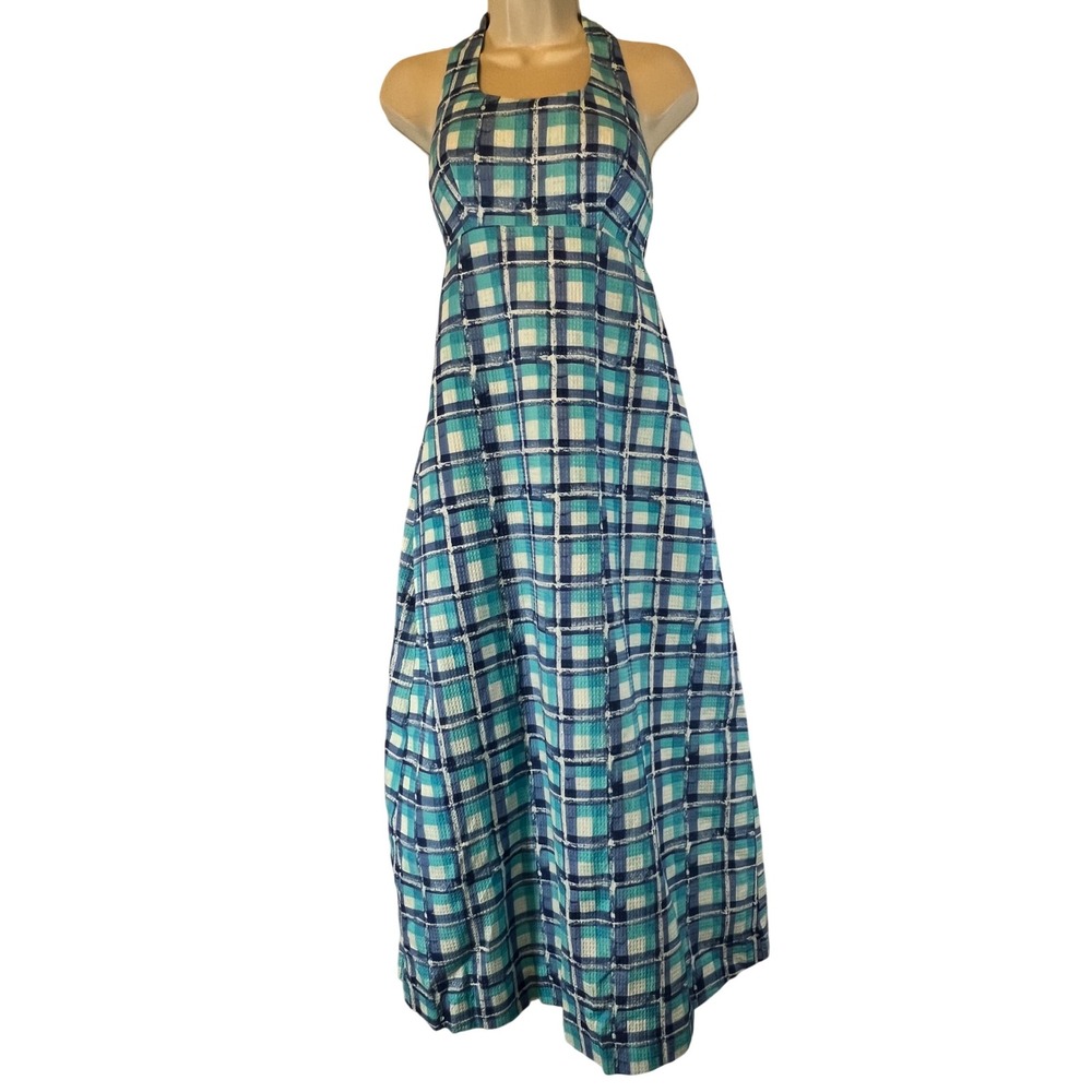Frances Valentine Halter Maxi Dress Blue Plaid Waffleweave Sleeveless Size 4 NWT